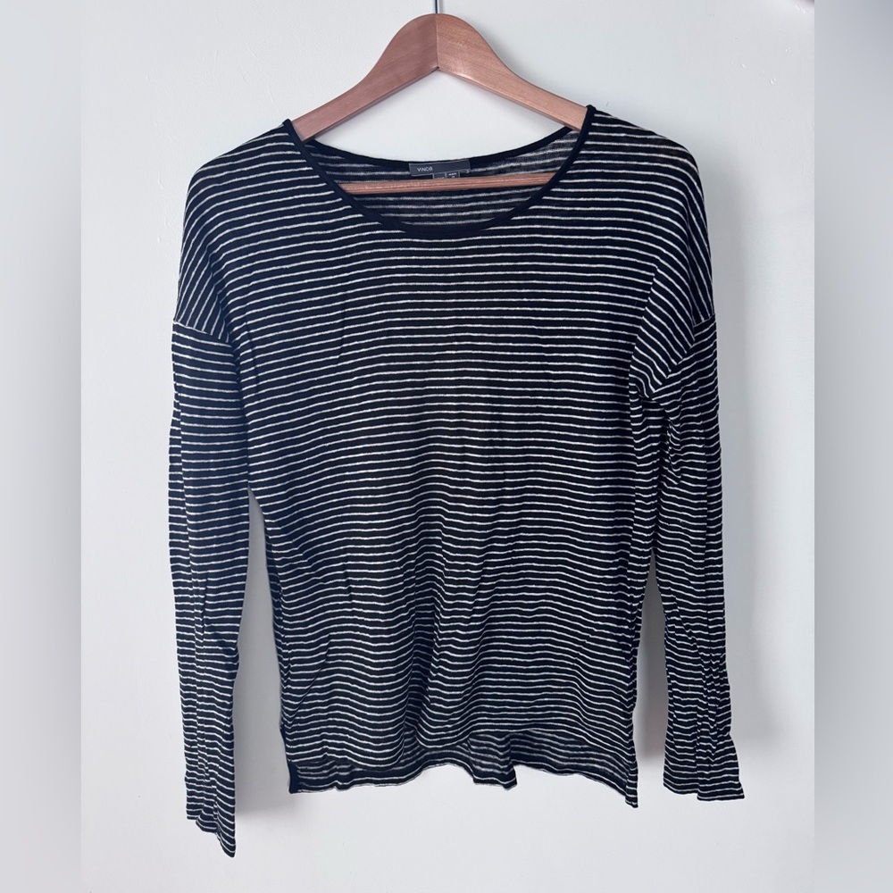 Vince Black and White Striped Linen Long Sleeve Tee